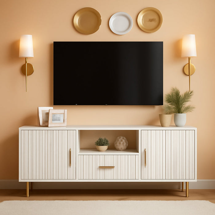 Modern Fluted TV Stand for 55/60/65 Inch TV, 57" Entertainment Center Media Console Table with Drawer & Storage Cabinets, Ribbed Design TV Cabinet Credenza for Living Room, White