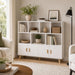 11-Cube Bookcase with Doors, 3-Tier Storage Cabient, Warm White | Solid Wood Legs and Door Handles, Cubby Shelf with 4 Doors, Fits 11×11" Bins for Home & Office