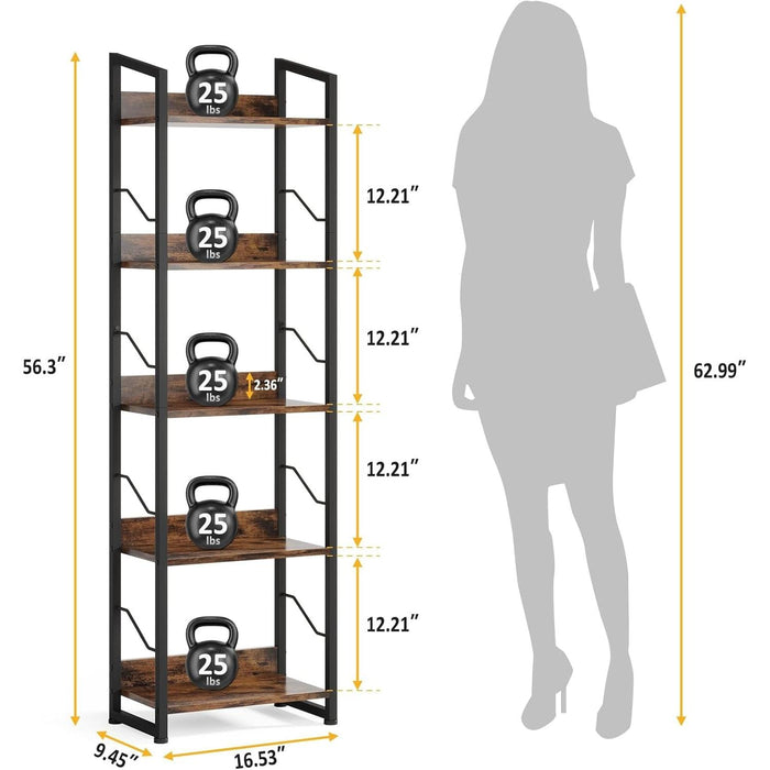 Book Shelf Small Bookshelf: 3-Tier Wood Bookcase Industrial Bookshelf with Edge Protection Metal Narrow Bookshelves Storage Organizer Display Rack for Bedroom (Rustic Brown, 5-Tier)