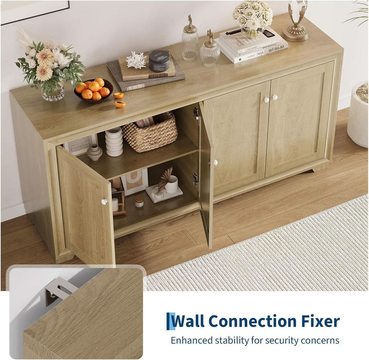60" Buffet Cabinet with Storage, 4 Doors Sideboard with Adjustable Shelves, Modern Farmhouse Coffee Bar Console Table for Living Room, Kitchen, Dining Room, Entryway, Oak
