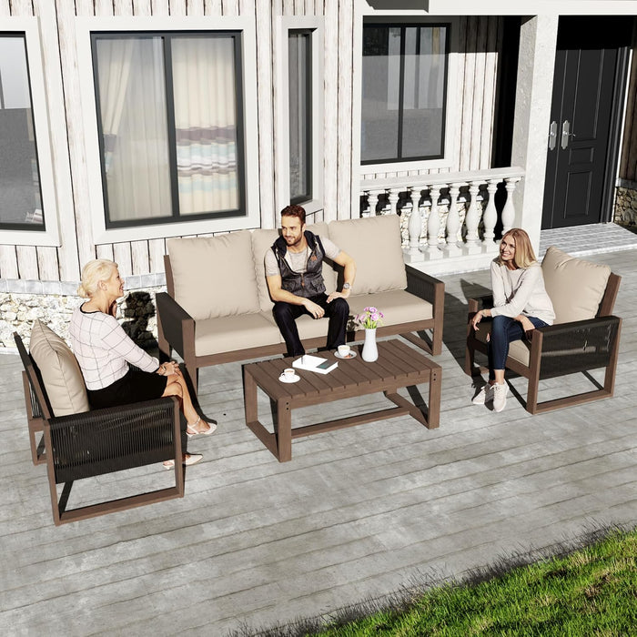 4 Piece Patio Furniture Set, Wooden Outdoor Furniture Conversation Set with Coffee Table, Modern PE Wicker Patio Chairs Conversation Sets with Sofa for Garden, Terrace, Porch, Balconies, Lawns