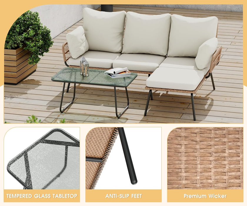 L-Shaped Outdoor Loveseat Sectional Set for Patio, Backyard, Porch with Thick Cushions, Detachable Lounger, Coffee Table