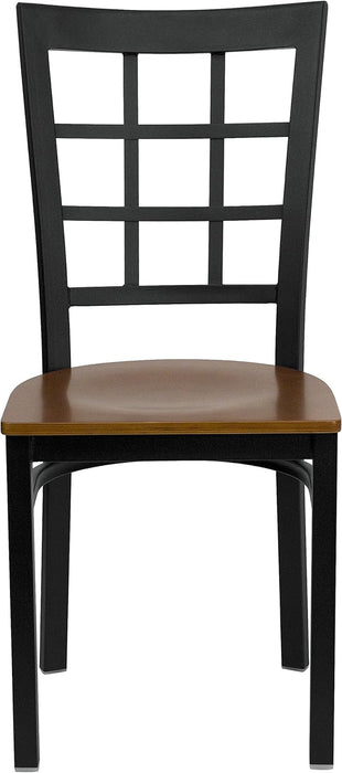 HERCULES Series Black Window Back Metal Restaurant Chair - Cherry Wood Seat