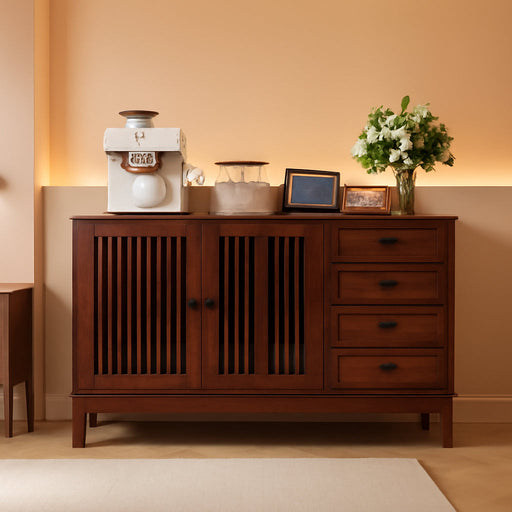 47" Walnut Farmhouse Buffet Sideboard Cabinet with Slat Doors for Kitchen | Wood Credenza with 4 Drawers & 2 Doors Coffee Bar Storage Cabinet with Adjustable Shelf for Living Room Entryway