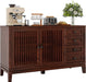 47" Walnut Farmhouse Buffet Sideboard Cabinet with Slat Doors for Kitchen | Wood Credenza with 4 Drawers & 2 Doors Coffee Bar Storage Cabinet with Adjustable Shelf for Living Room Entryway
