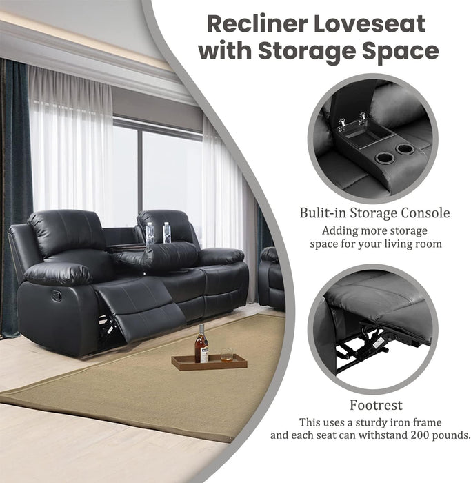 Manual Recliner Sofa Set, Bonded Leather Sofa Set Living Room Furniture, Reclining Sofa Set Leather Recliner Couch with Cup Holder/Storage Console for Living Room (3 Pieces Couch Set,Black)