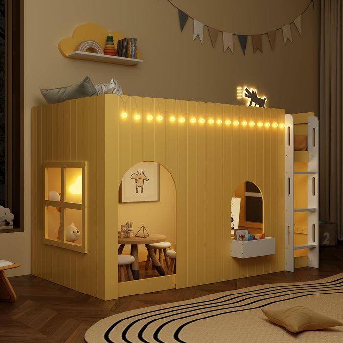 Twin-Size Solid-Wood Loft Bed With LED-Illuminated Yellow