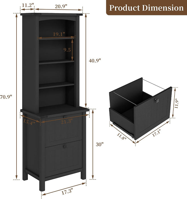 Farmhouse Lateral File Cabinet 2 Drawer and 71" Tall Bookcases Sets, 46" Filing Cabinets with Power Outlets & Storage Shelf, 3 Pcs Home Office Furniture Set, Black