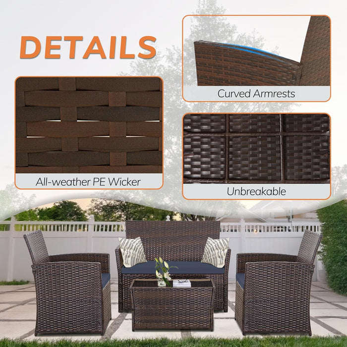 4 Piece Patio Furniture Set,Outdoor Wicker Conversation Sets,Rattan Sectional Sofa W/Coffee Table,Seat Cushions for Backyard Porch Garden Poolside (Gray/Blue)