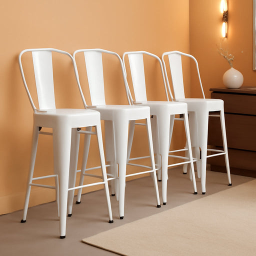 24 Inches Metal Bar Stool Set of 4 Counter Height Barstool with Back Seat, White