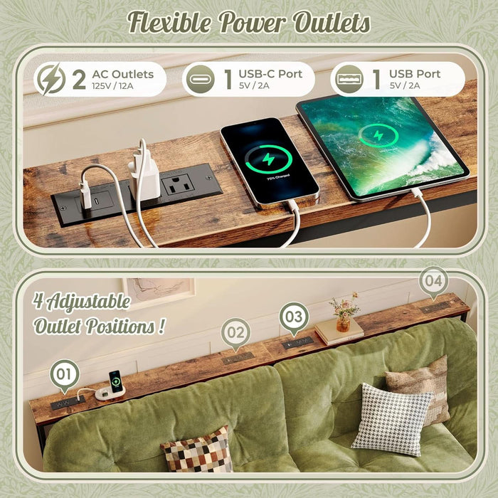 102.4 Inch Sofa Table with Power Outlets, 23.9’’-34.4’’ Height Adjustable Range, behind Couch Table with USB-C Ports, Sofa Tables Narrow Long, Skinny Console Table, Small Spaces, Rustic Brown