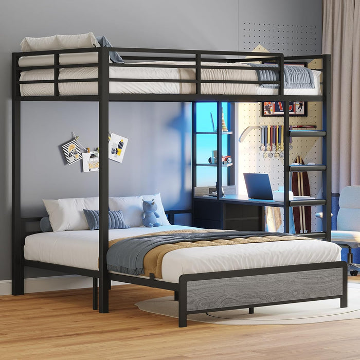 Twin over Full Bunk Bed with Desk, Bunk Beds Twin over Full Size with Charging Station & Led Lights, Storage Drawers & Shelves, Loft Bed with Safety Guardrail & Ladder for Kids/Teens, Grey