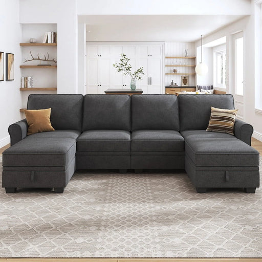 102.4" Contemporary U-Shaped Sectional Storage Sofa and Hidden Storage with Ottomans for Living Room and Apartment, Dark Grey