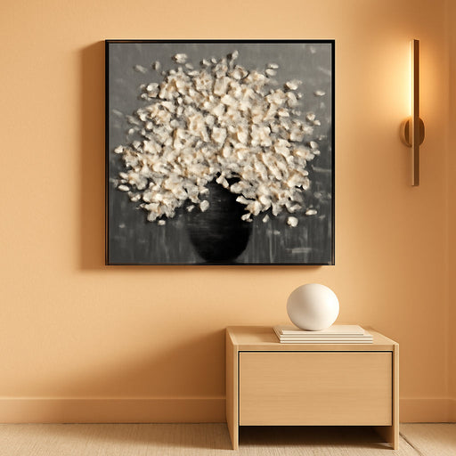 Hand Painted 3D Flower Painting White Flower in Black Vase 24X24Inch Abstract Canvas Wall Art for Living Room Bedroom Ready to Hang