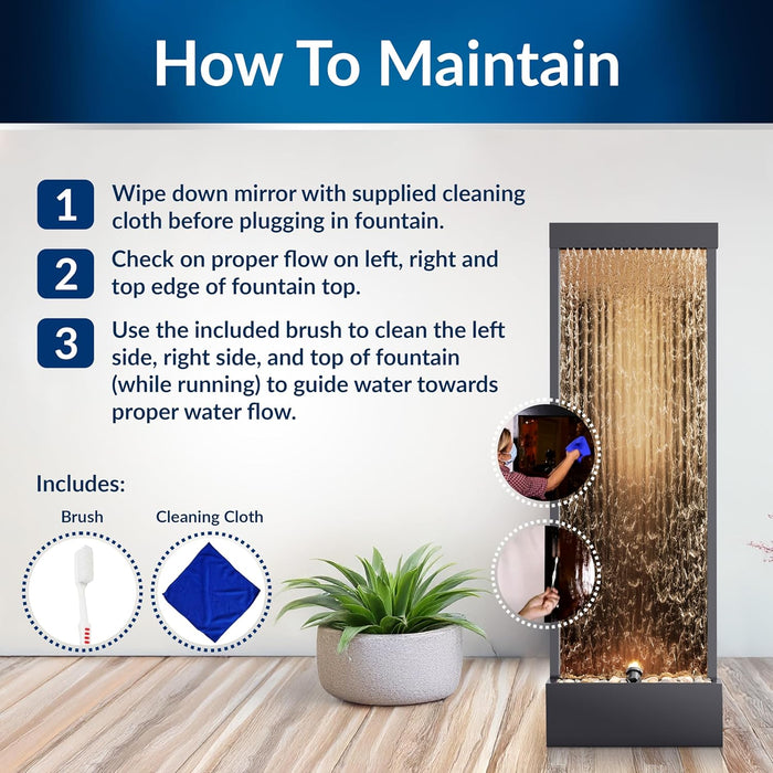 72" Tall Indoor/Outdoor Mirror Waterfall Floor Fountain, LED Lights & River Stones, Elegant Bronze Finish for Home, Office, Patio & Entryway Decor