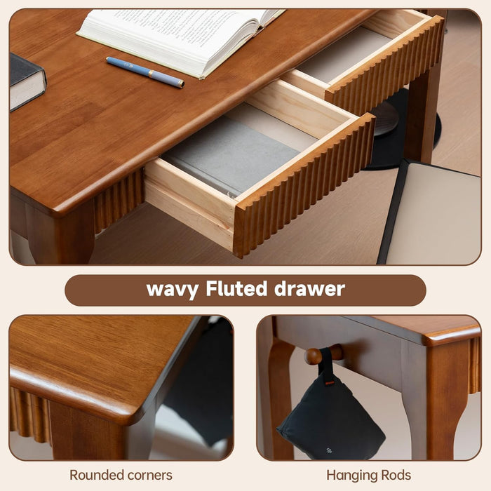 100% Solid Wood Desk with Drawers, Small Home Office Writing Wooden Desk, Vintage Wood Desk for Small Spaces, Bedroom, Work Study Computer Table with Fluted Design and Hooks(Walnut)