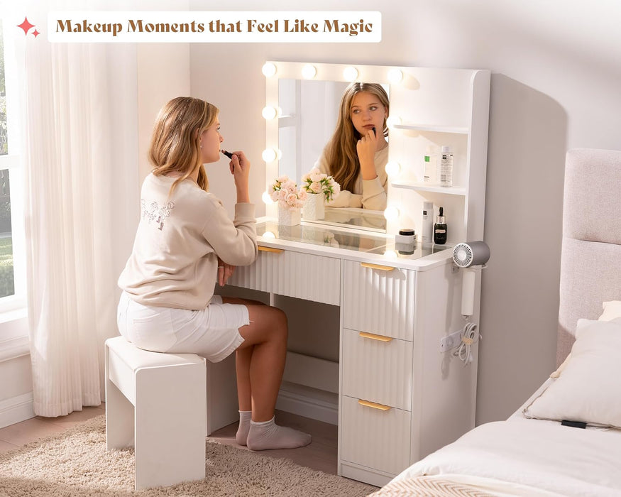 36Inch ElegantFluted White Vanity Desk With LEDMirror