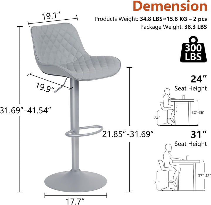 All Grey Bar Stools Set of 2, Upholstered Counter Height Bar Stool, Adjustable Swivel Faux Leather Barstools, with Padded Back, Metal Base, Kitchen Chairs for Home Island
