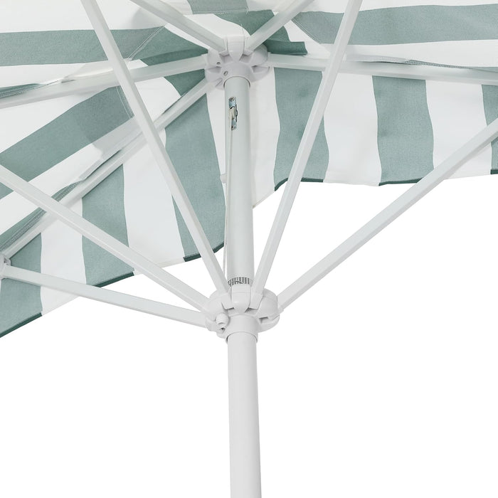 Beverly 9 Ft. Coastal Green and White Striped Half Patio Umbrella with Scalloped Fringe, Crank Lift, and Manual Tilt for Balcony, White Pole UMB1201L
