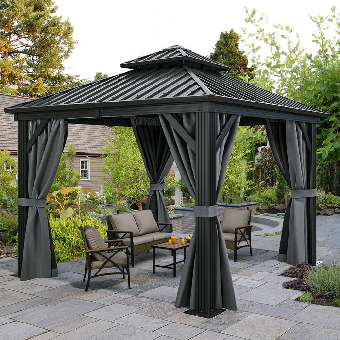 10X10Ft Hardtop Gazebo with Nettings and Curtains, Heavy Duty Double Roof Galvanized Steel Outdoor Combined of Vertical Stripes Roof for Patio, Backyard, Deck, Lawns, Gray