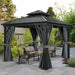 10X10Ft Hardtop Gazebo with Nettings and Curtains, Heavy Duty Double Roof Galvanized Steel Outdoor Combined of Vertical Stripes Roof for Patio, Backyard, Deck, Lawns, Gray
