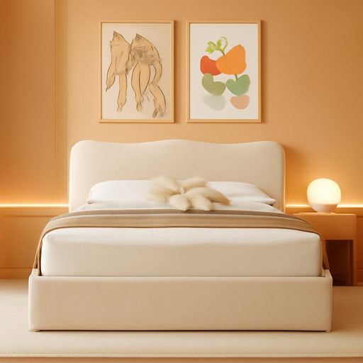 Queen Size Lift-Up Storage Bed, Upholstered Boucle Bed with Curved Headboard, Rounded Corners, Sturdy Wooden Slat Support, No Box Spring Needed, Easy Assembly, Cream White