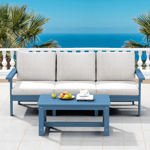 HDPE Patio Sofa Set, 4-Piece Sectional Outdoor Patio Furniture Set, All Weather Patio Couch Set Patio Furniture Set for Deck, Lawn, Blue Frame with Khaki Cushion