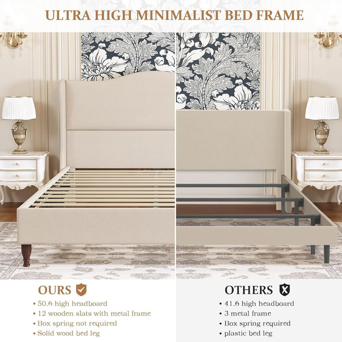 King Size Bed Frame Upholstered Platform Bed with 51" Tall Headboard Wingback, Soft Fabric, Retro Simple Style Platform Bed No Box Spring Needed, Easy Assembly, Beige