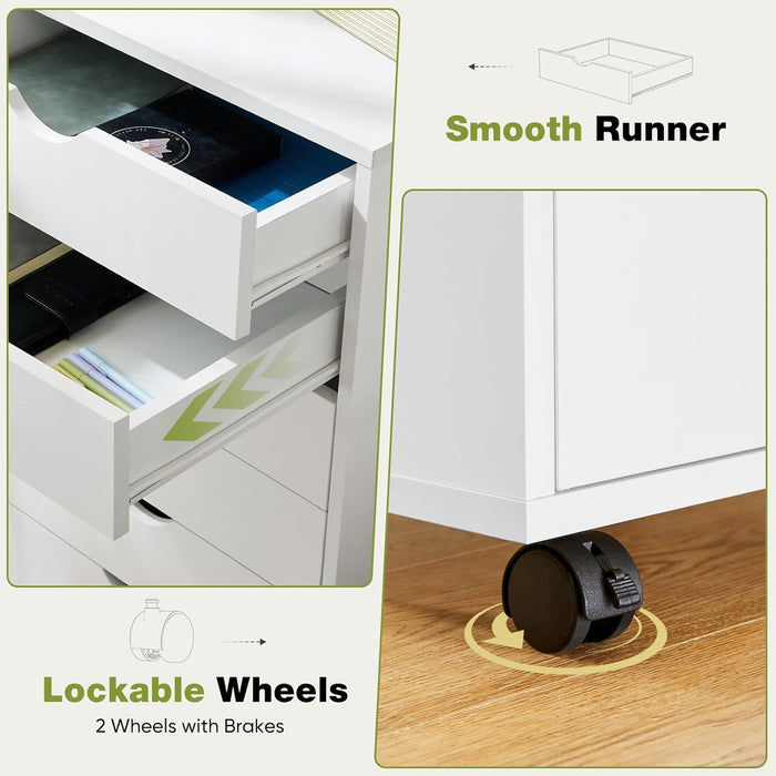 7 Drawer Rolling Storage Cabinet, Wood under Desk Mobile Dresser with Wheels, Small Organizer Chest for Home Office, Bedroom, Rolling Vertical Organizer for Home Office, White