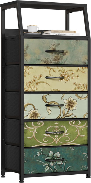 Retro 5 Drawers Dresser, Tall Dressers for Bedroom, Closet, Hallway, Nursery, Fabric Storage Tower Organizer, Vertical Nightstand Side Table Furniture, Steel Frame, Wood Top