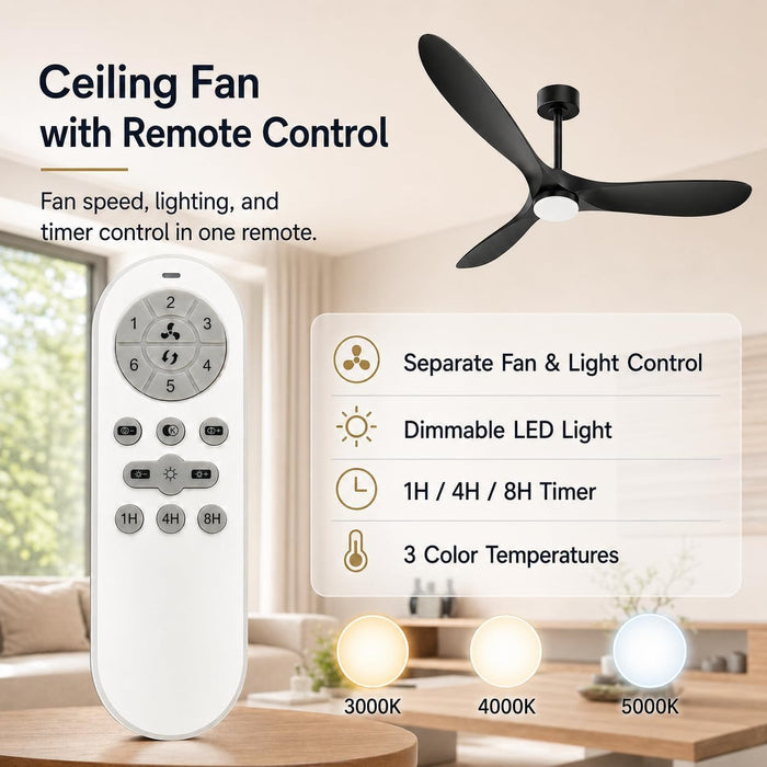Modern 60 Inch Black Ceiling Fan With Remote Control