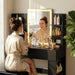Vanity Desk with Mirror and LED Lights, Makeup Vanity Table with 3 Lighting Color, Adjustable Brightness, Vanity Table with 2 Drawers, Side Storage, for Bedroom (Black, with Bench)