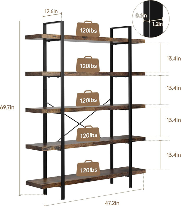 Heavy Duty 5 Tier Industrial Bookcase for Home Office, Rustic Brown | 47" Wide Wood Bookshelf,120 Lbs Shelf Capacity, Rustic Open Shelving Display,3Cm Upgraded Thicken Board,Easy to Assemble