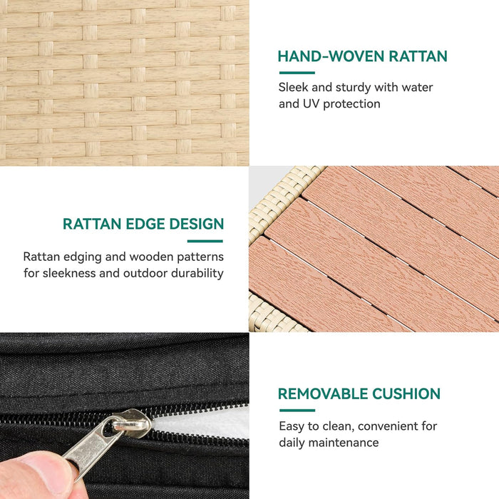 Patio Wicker L-Shaped Furniture Set, All-Weather Rattan Outdoor Conversation Sofa Set for Backyard Deck with Soft Cushions,Ottomans and Plastic Wood Dining Table (Light Brown+Black)