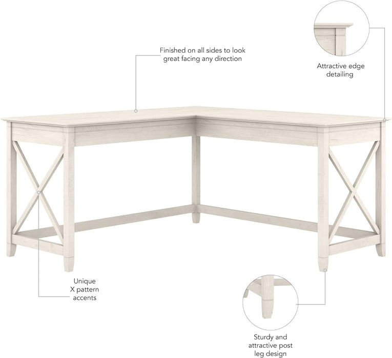 Bush Furniture Key West 60W Modern Farmhouse L Shaped Desk in Linen White Oak | 60-Inch Corner Table for Home Office