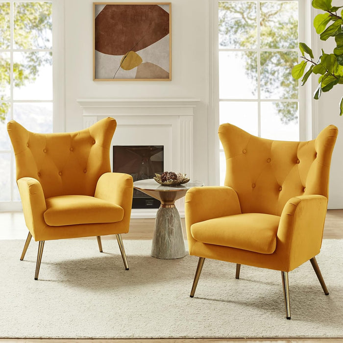 Velvet Mustard Wingback Accent Armchair With Tufting