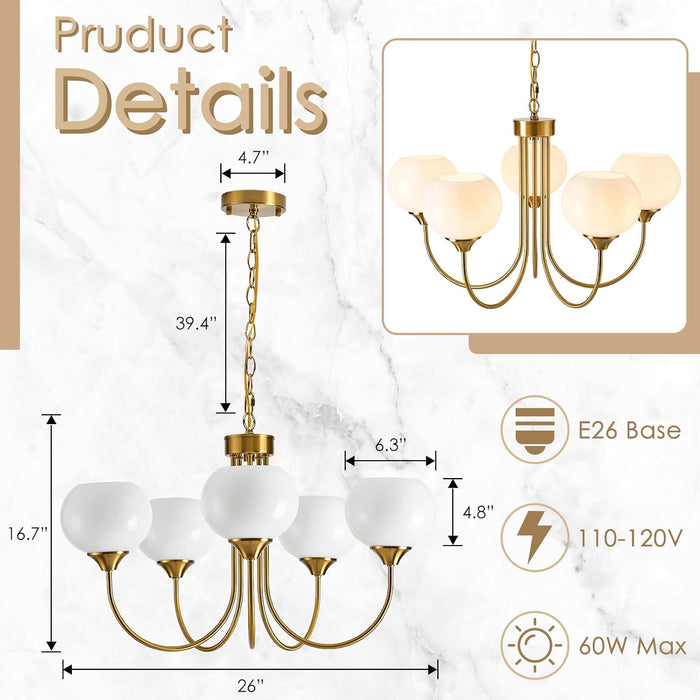 Goldtone Finish Five Lighting Milk Glass Chandelier