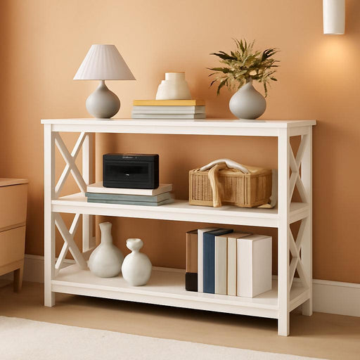 Entryway Table with Storage Shelves, Console Table with Power Outlets and USB Ports, Wood Narrow Sofa Tables with X-Shaped Design for Living Room/Hallway/Couch, White