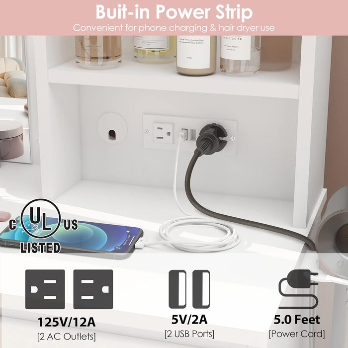 Makeup Vanity with Lights, 37Inch Vanity Desk with Power Strip, 4 Drawers Makeup Table with Lighted Mirror, 3 Lighting Colors, White