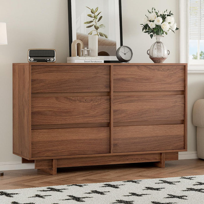6 Drawer Walnut Dresser for Bedroom, 47" Wide Mid Century Modern Dresser