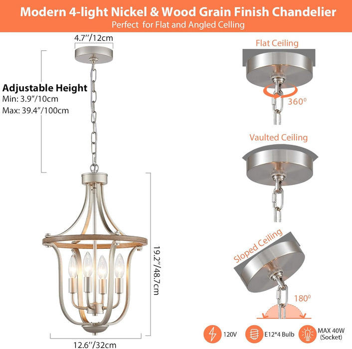 12.6" Modern Chandelier Farmhouse 4 Light Geometric Cage Pendant Hanging Lighting Fixture Adjustable Height Brushed Nickel and Wood Grain Finish for Dining Room Living Room Foyer
