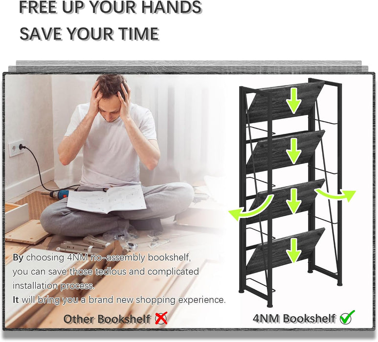 No Assembly Folding Bookshelf Storage Shelves 4 Tier Vintage Bookcase Standing Racks for Bedroom Living Room Home Office