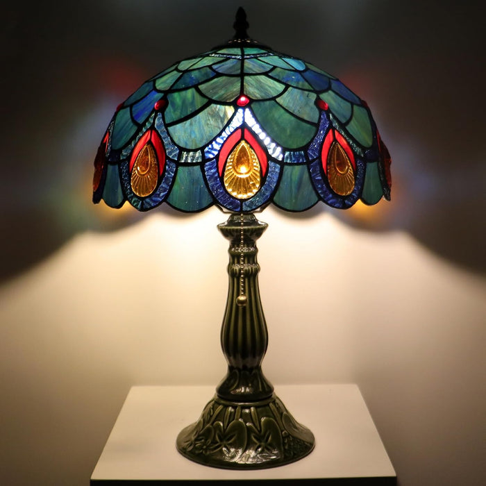 Tiffany Style Stained Glass Table Lamp 18.5 Inch - Blue Peacock Tail