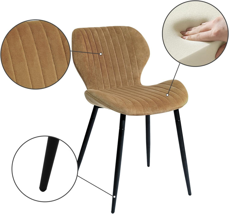 Mid Century Modern Dining Chairs Set of 2, Upholstered Kitchen Dining Room Chairs, Velvet Comfortable Dining Chair with Metal Legs, for Kitchen, Dining, Living Room, Yellowish Brown