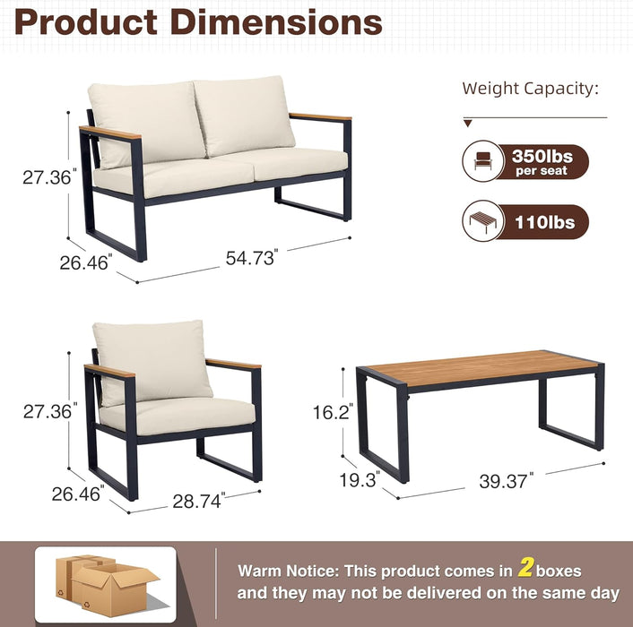 Patio Furniture Set, 4 Pieces Outdoor Patio Furniture with Coffee Table Set, Metal Patio Conversation Sets with Washable and High-Resiliency Sponge Cushions, Upgarded Beige
