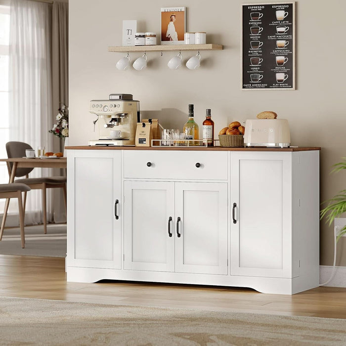 Buffet Cabinet with Storage & Charging Station, 53" Farmhouse Coffee Cabinet with Compartment Drawer, Sideboard Cabinets with Door and Adjustable Shelves for Kitchen, White