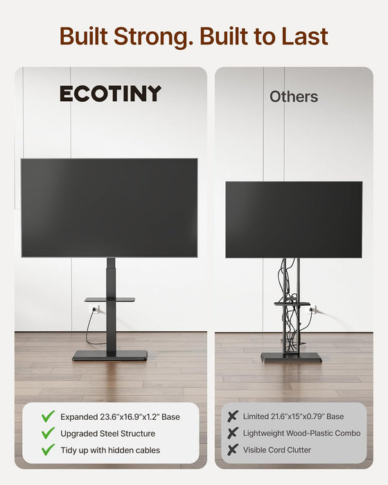 Steel Base Floor TV Stand with Power Outlet for 32-75 Inch Tvs up to 110 Lbs, Leveling & Tilt & Swivel TV Stand with Hidden Wire Management, Height Adjustable TV Stand with Steel Shelf, Black