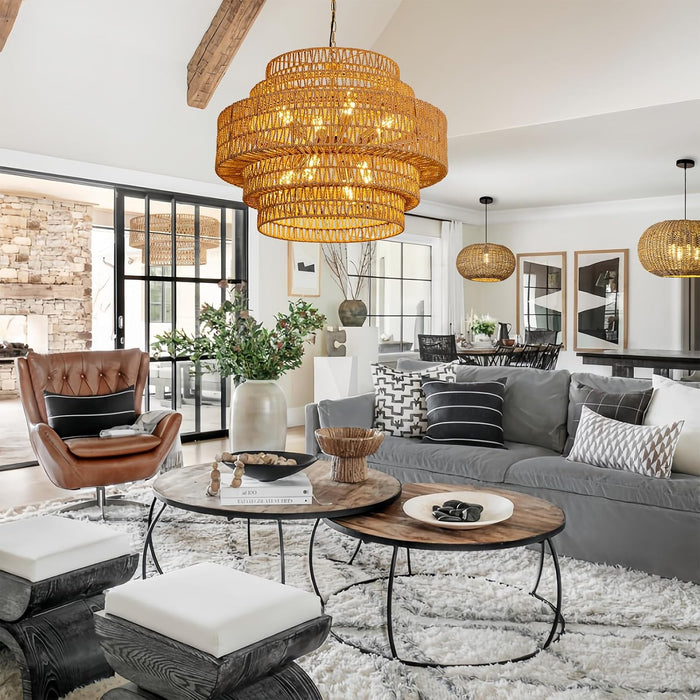 28.7In Large Rattan Chandelier 8-Light Gold Boho Rattan Chandelier