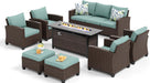 Patio Furniture Set Outdoor Furniture Brown Wicker Rattan Patio Conversation Sets with Cushion outside Sofa Set,7 Pieces with Rectangular Firepit Table,9 Seats,Blue