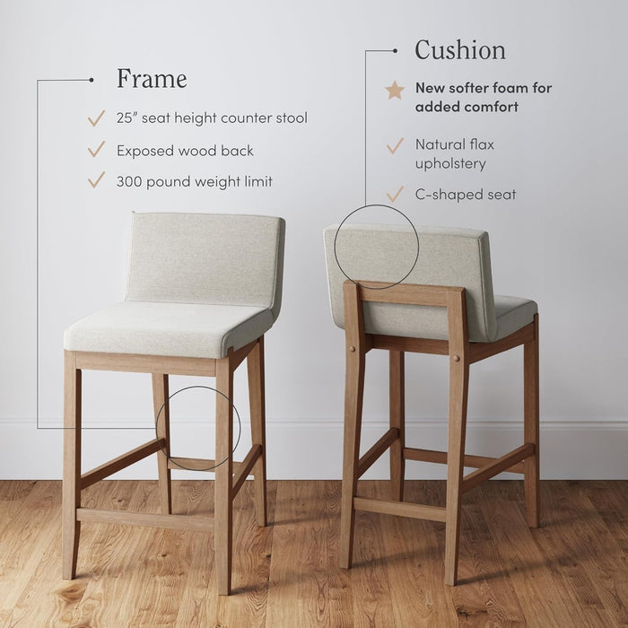 Gracie Modern Counter Height Bar Stool with Back, Counter Stool Upholstered Chair with Natural Flax White Fabric and Brushed Wooden Legs, Natural Flax/Brown, Set of 4
